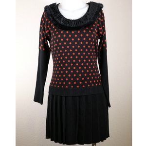 POLKA DOT PLEATED &‎ FUR SWEATER DRESS
